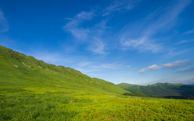Green Bieszczady, View from Bukowe Berdo sunny day, Spring in the mountains