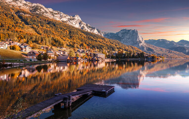 Amazing mountain landscapes with fairy-tale lake during sunset in Grundlsee village. Austrian Alps,...