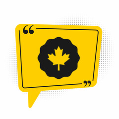 Black Canadian maple leaf icon isolated on white background. Canada symbol maple leaf. Yellow speech bubble symbol. Vector