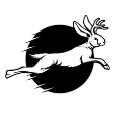 Jackalope running fast and jumping on black circle background 