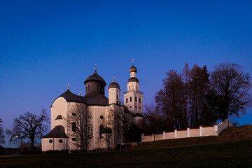 Maria Birnbaum pilgrimage church near the village of Sielenbach in Bavaria seen from above on a cloudless evening