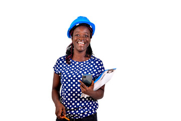 Fototapeta premium young female engineer holding mobile phone and clipboard smiling.