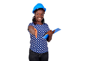 Fototapeta premium young female engineer holding a clipboard and offering a handshake smiling.