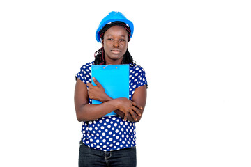 young female engineer holding a clipboard.