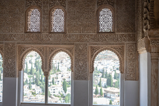 Interior detail of the windows and arches of the Nazaries palaces of the Alhambra