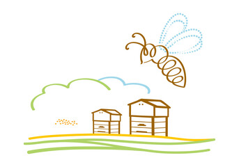 Color graphic illustration logo or icon, linear silhouette of stylized flying bee against background of meadows and apiary beehives. Isolated on background vector drawing for honey products, package.