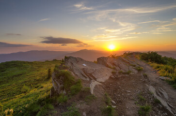 Sunrise seen from the summit of Bukowe Berdo towards the Bieszczady peaks, Bieszczady forest, mountains, Carpathians 