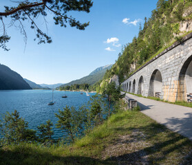 Fototapeta premium lakeside bike and walkway Achensee, slope reinforcement, lake view