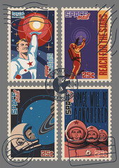 Retro Style Space Propaganda Postage Stamps, Astronauts and Cosmonauts, Space Rockets, Stars and Planets