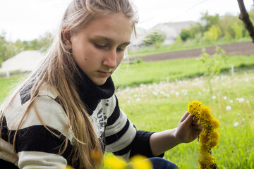 a young girl in a striped sweater weaves a wreath of yellow dandelions