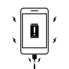 Broken damaged smartphone charger cable short circuit with sparks on white background black icon outline vector.