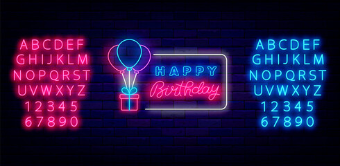 Happy Birthday neon signboard. Shiny alphabet. Colorful balloons with gift box. Vector stock illustration