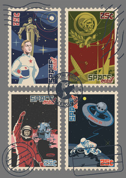 Retro Style Space Postage Stamps, Astronaut, Cosmonauts, Space Rockets, Lander, Orbital Station