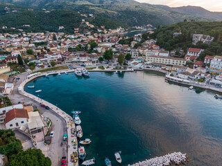 Aerial drone view of famous kassiopi harbour in north corfu greece 