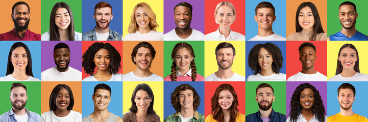 Fototapeta na wymiar Diverse cultures. Collage of various smiling multiethnic people expressing positive emotions on colorful backgrounds