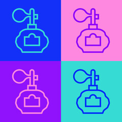 Pop art line Aftershave bottle with atomizer icon isolated on color background. Cologne spray icon. Male perfume bottle. Vector
