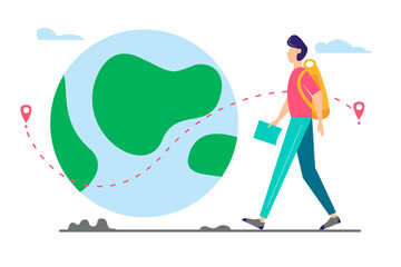 Young man with backpack and map walking near a big planet. Vacation, travel concept. flat style illustration.