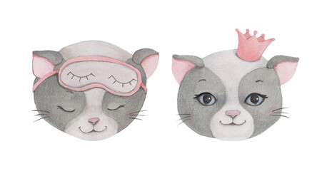 A set of watercolor illustrations of cat faces. Wearing a sleep mask and a pink crown.