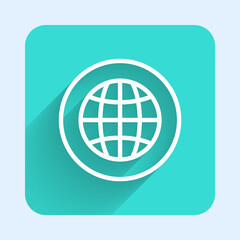 White line Global technology or social network icon isolated with long shadow background. Green square button. Vector