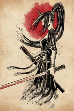 Girl with a katana on the background of the sun