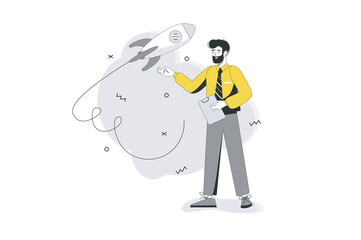 Startup flat line concept. Businessman starts new business. Entrepreneur creates new project, develops company and achievement goal. Vector illustration with outline people scene for web banner design