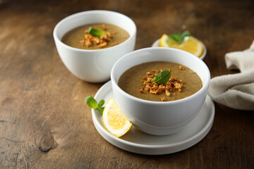 Traditional homemade lentil soup with lemon