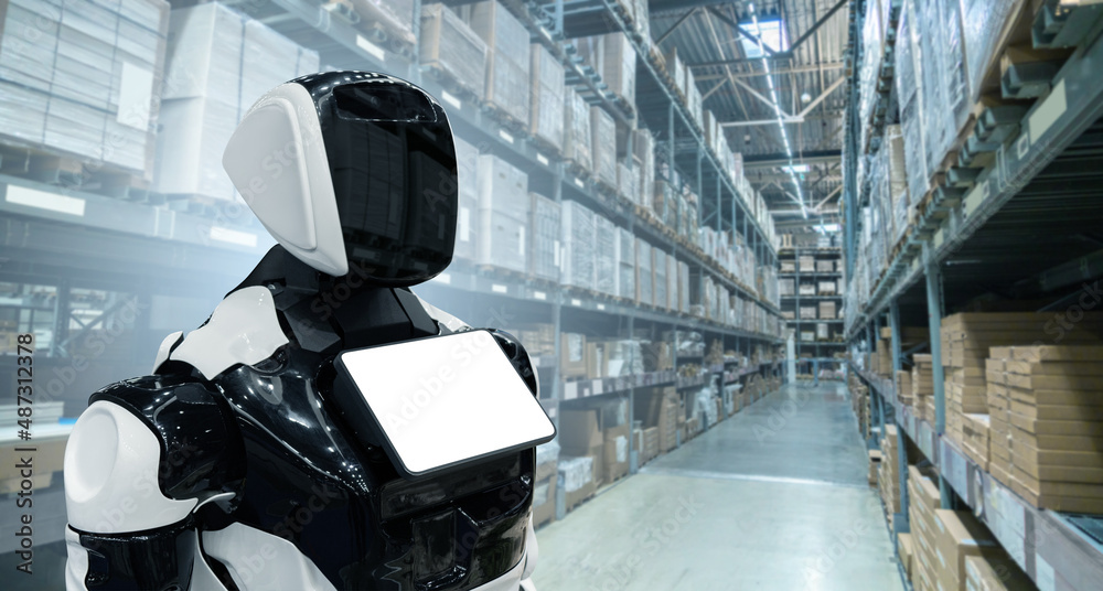 Poster Robot works in an automatic warehouse