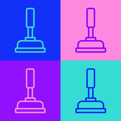 Pop art line Rubber plunger with wooden handle for pipe cleaning icon isolated on color background. Toilet plunger. Vector