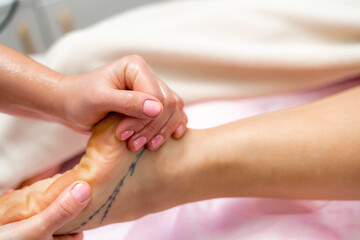 Facial massage. A woman is given a massage in a beauty salon. Close-up.