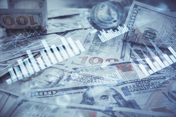Multi exposure of forex chart drawing over us dollars bill background. Concept of financial success markets.