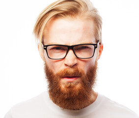 Young handsome redhair man with beard skeptic and nervous, disapproving expression on face. - obrazy, fototapety, plakaty