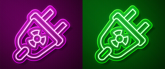 Glowing neon line Radiation electrical plug icon isolated on purple and green background. Nuclear energy. Vector
