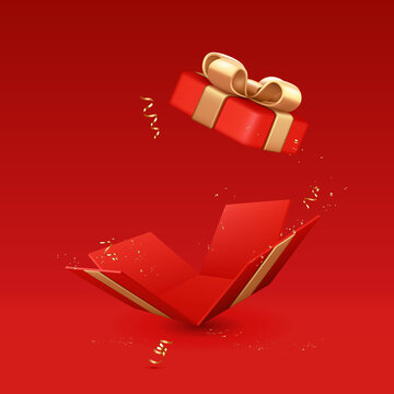 Red Gift Box With Open Lid With Gold Ribbons And Bow, Isolated On Red Background.