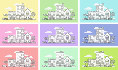 A set of illustrations of the city in different colors. City street, shops, cozy city street, ready to use, eps. For your design