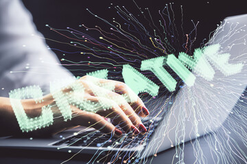 Double exposure of woman hands typing on computer and creative drawing. Start up concept.
