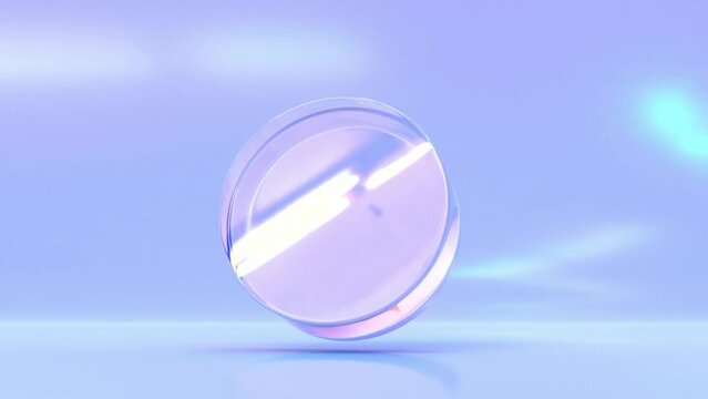 Glass or crystal cylinder with dispersion rainbow light in motion on purple background. Shiny clear round in shape of puck or coin, glossy translucent circle with reflection, 3d render animation