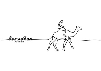 One continuous single line of ramadan kareem word with man riding camel on desert isolated on white background.
