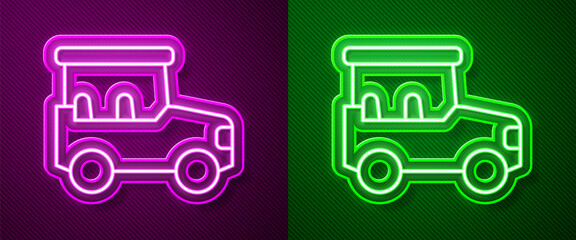 Glowing neon line Safari car icon isolated on purple and green background. Vector