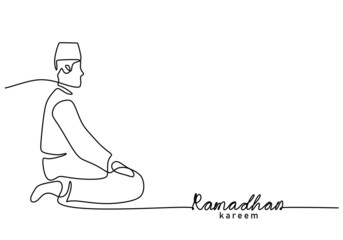 One continuous single line of ramadan kareem word with man praying isolated on white background.