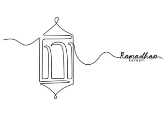 One continuous single line of ramadan kareem word with big lantern isolated on white background.