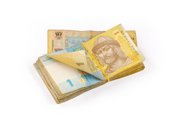Stack of modern shabby banknotes denominations of one Ukrainian hryvnia