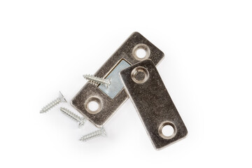 Furniture door magnetic retainer and mounting screws on white background