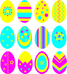 Vector set: colotful easter eggs. Holiday decor in pink, blue, yellow colors. Isolated on white elements for disign card, poster, package.