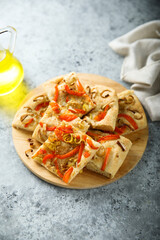Traditional homemade focaccia bread with red pepper
