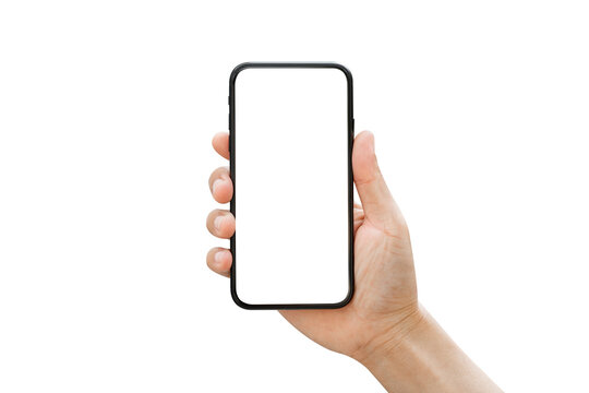 Male hand holding smartphone with blank screen isolated on white background.