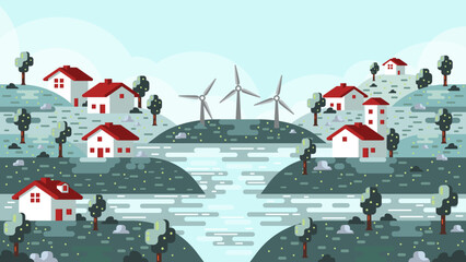 Cartoon Rural Countryside Scenery with Wind Turbines. Wind Power Sustainable Energy Ecosystem. Electric Power Self-Sufficiency  Concept. 