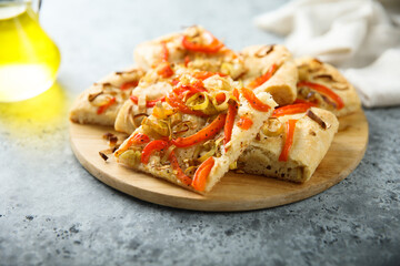 Traditional homemade focaccia bread with red pepper