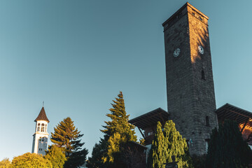 clock tower close to church