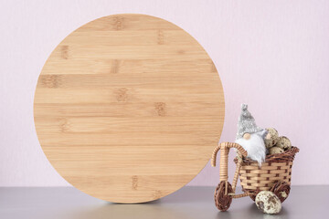 Wood round sign easter mockup with wood bunny and easter eggs on white background