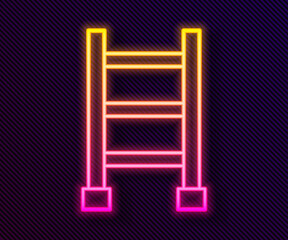 Glowing neon line Fire escape icon isolated on black background. Pompier ladder. Fireman scaling ladder with a pole. Vector